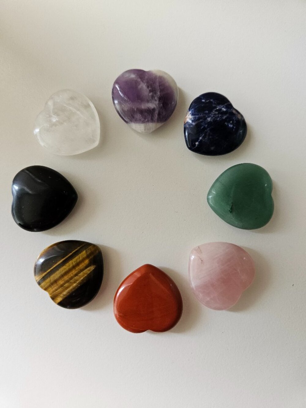 8pc Polished Natural Crystal Heart Stone Set - Chakra Pocket Stones